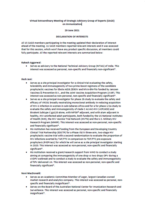 Virtual Extraordinary Meeting of Strategic Advisory Group of Experts (SAGE) on Immunization - Declaration of interests