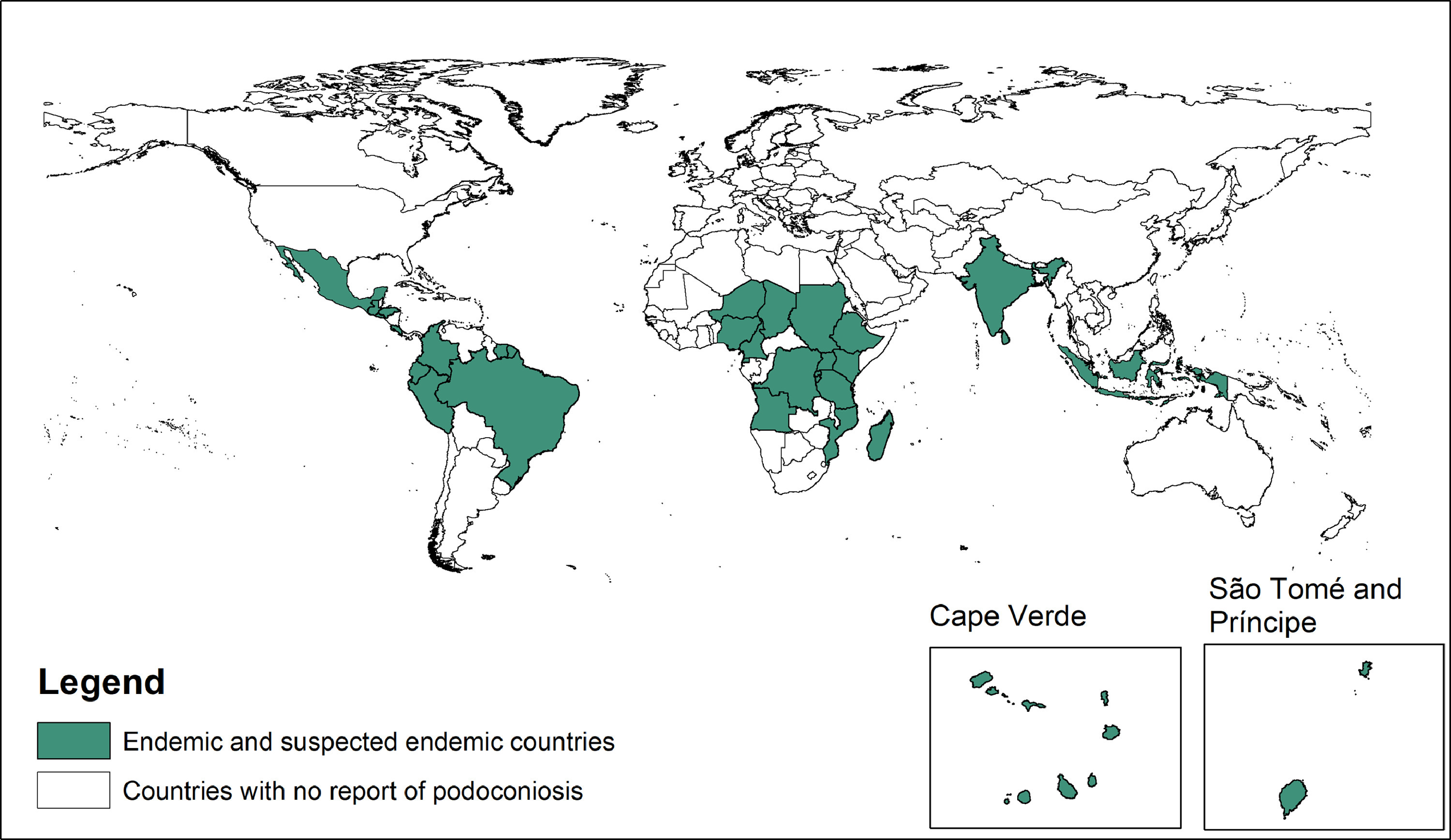 Endemic and suspected endemic countries for podoconiosis, 2020